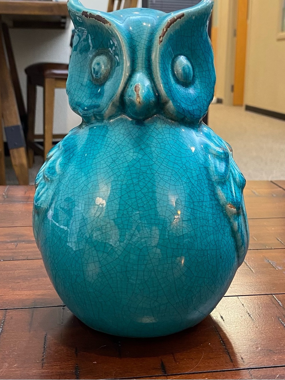 Large 9” Teal/Turquoise Ceramic Owl Figurine - Aged Vintage Look Home Decor - Picture 3 of 11